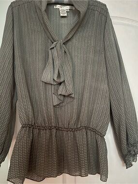 Max Studio Grey Textured Ruffle Tie-Neck Blouse